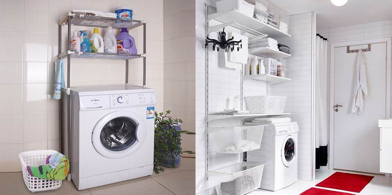 shelves in the bathroom above the machine