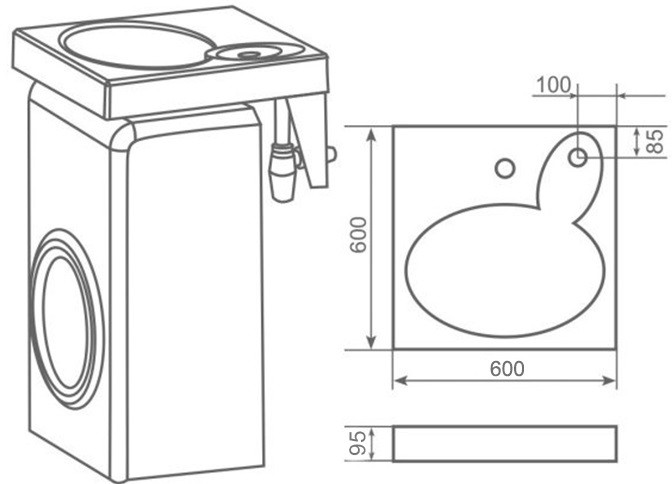 croquis d'un évier au dessus d'une machine à laver