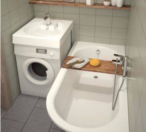 How to place a washing machine and sink in a small bathroom?